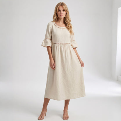 Auldweave Women's Linen Look Summer Midi Dress Hollow Out Boho