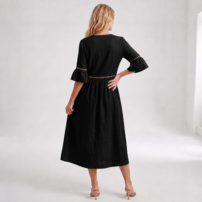 Auldweave Women's Linen Look Summer Midi Dress Hollow Out Boho