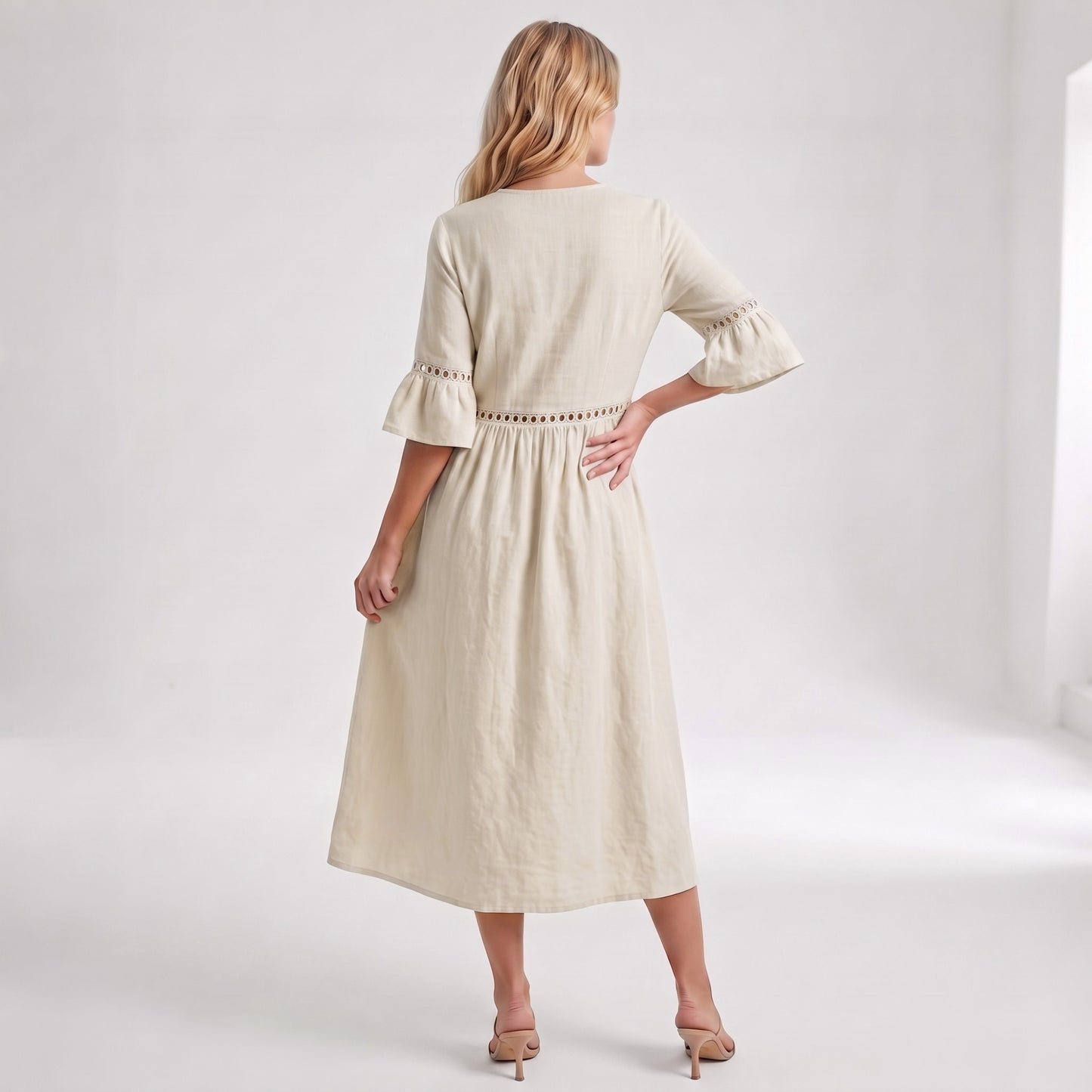 Auldweave Women's Linen Look Summer Midi Dress Hollow Out Boho