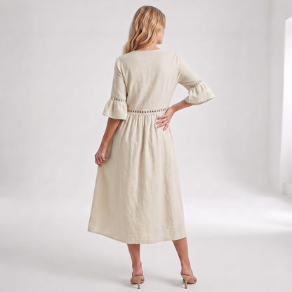 Auldweave Women's Linen Look Summer Midi Dress Hollow Out Boho