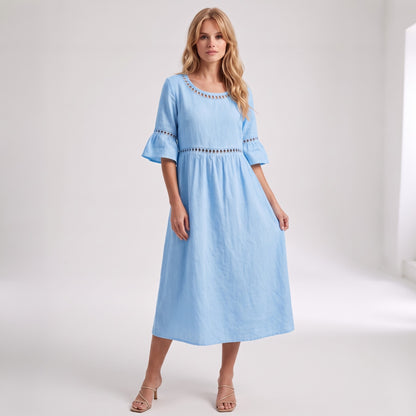 Auldweave Women's Linen Look Summer Midi Dress Hollow Out Boho