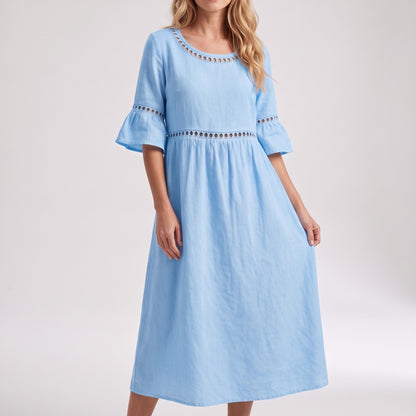 Auldweave Women's Linen Look Summer Midi Dress Hollow Out Boho