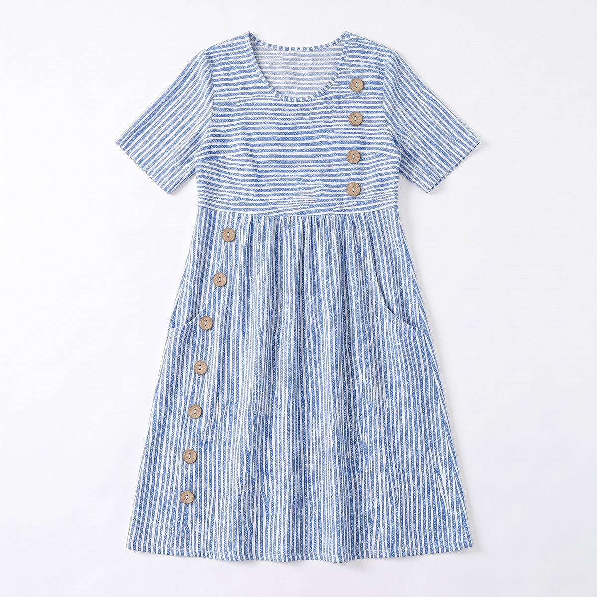 Women's Striped Linen Look Midi Dress with Pockets - Short Sleeve Summer Day Sundress