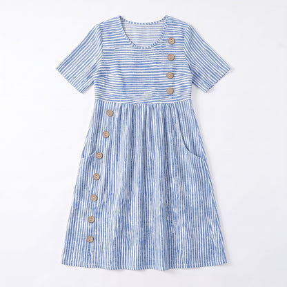 Women's Striped Linen Look Midi Dress with Pockets - Short Sleeve Summer Day Sundress