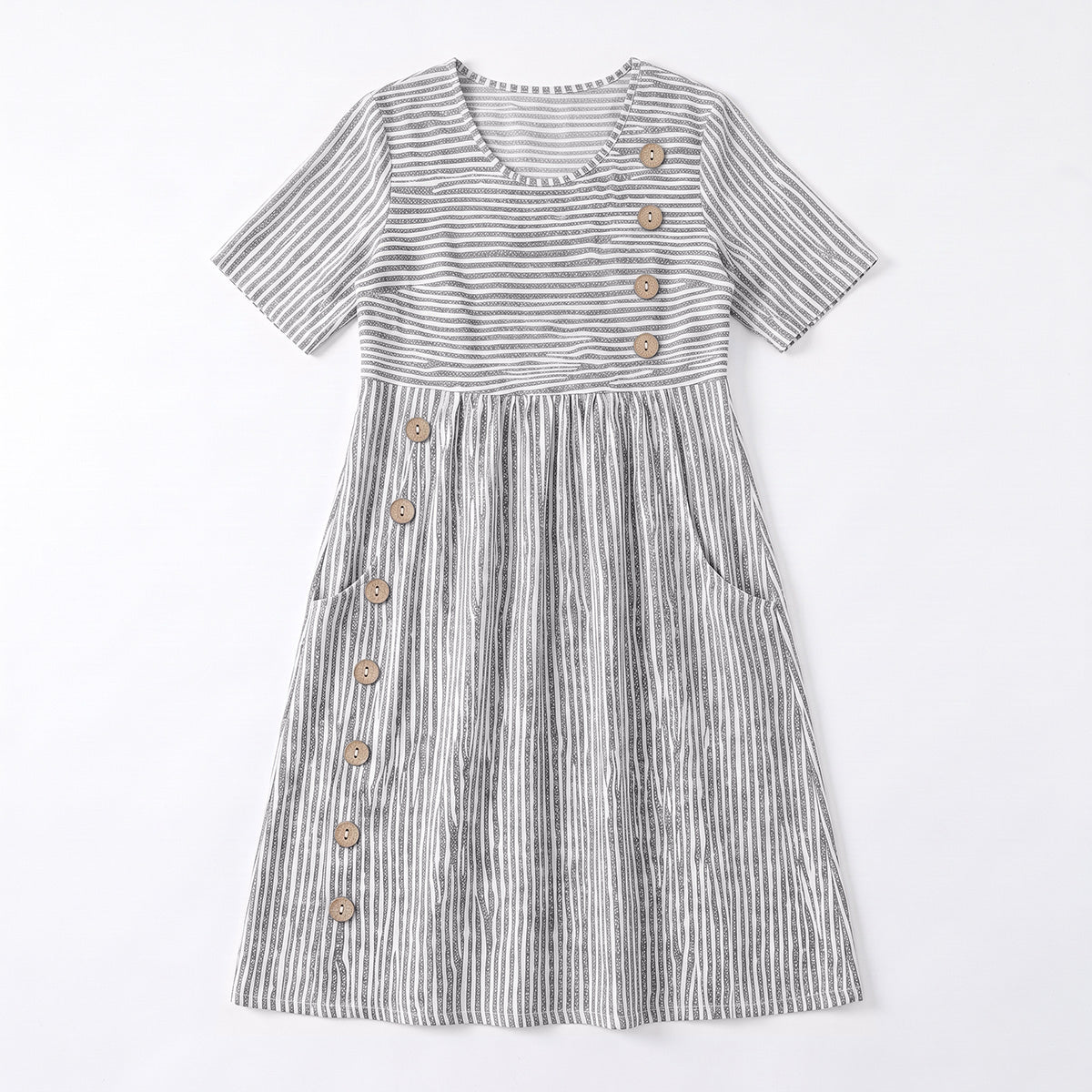 Women's Striped Linen Look Midi Dress with Pockets - Short Sleeve Summer Day Sundress