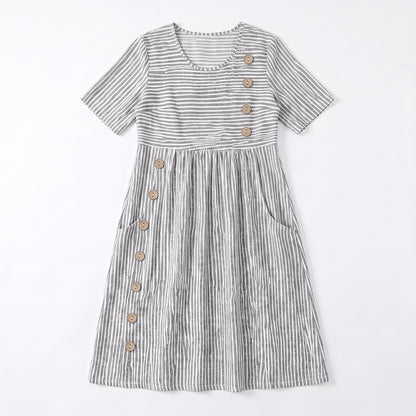 Women's Striped Linen Look Midi Dress with Pockets - Short Sleeve Summer Day Sundress