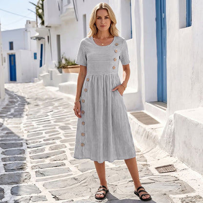 Women's Striped Linen Look Midi Dress with Pockets - Short Sleeve Summer Day Sundress