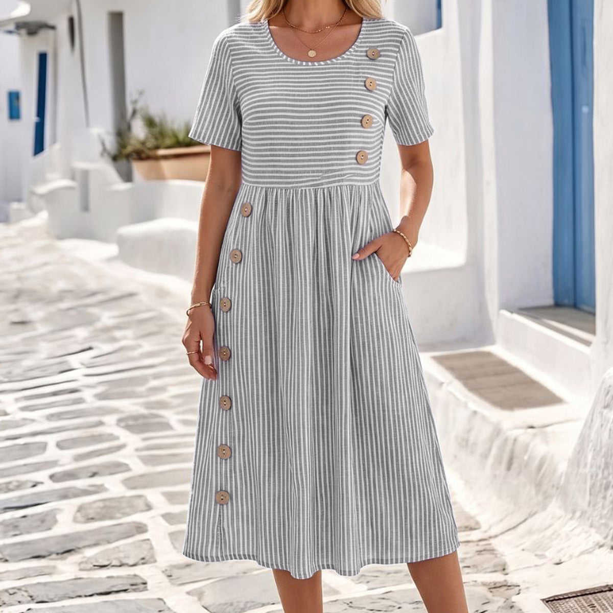 Women's Striped Linen Look Midi Dress with Pockets - Short Sleeve Summer Day Sundress