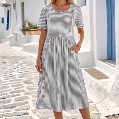 Women's Striped Linen Look Midi Dress with Pockets - Short Sleeve Summer Day Sundress
