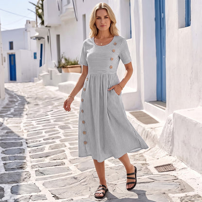 Women's Striped Linen Look Midi Dress with Pockets - Short Sleeve Summer Day Sundress