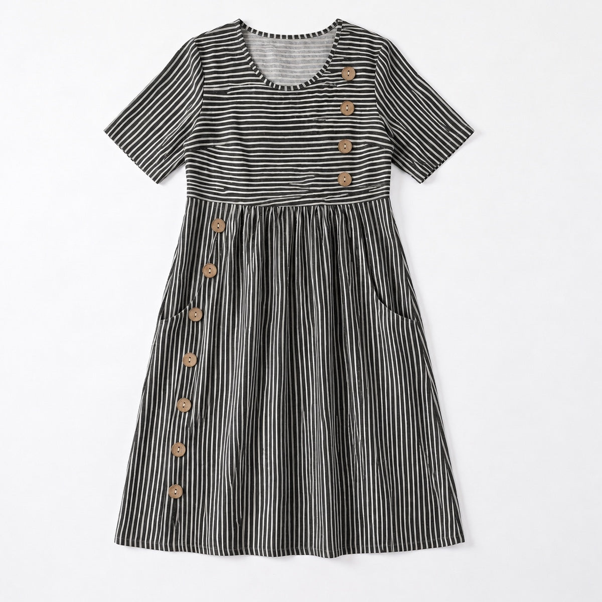 Women's Striped Linen Look Midi Dress with Pockets - Short Sleeve Summer Day Sundress