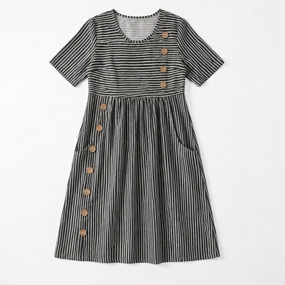 Women's Striped Linen Look Midi Dress with Pockets - Short Sleeve Summer Day Sundress