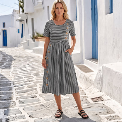 Women's Striped Linen Look Midi Dress with Pockets - Short Sleeve Summer Day Sundress