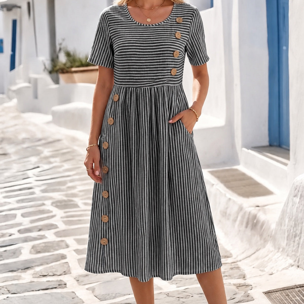 Women's Striped Linen Look Midi Dress with Pockets - Short Sleeve Summer Day Sundress