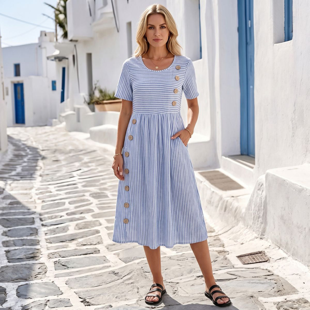 Women's Striped Linen Look Midi Dress with Pockets - Short Sleeve Summer Day Sundress