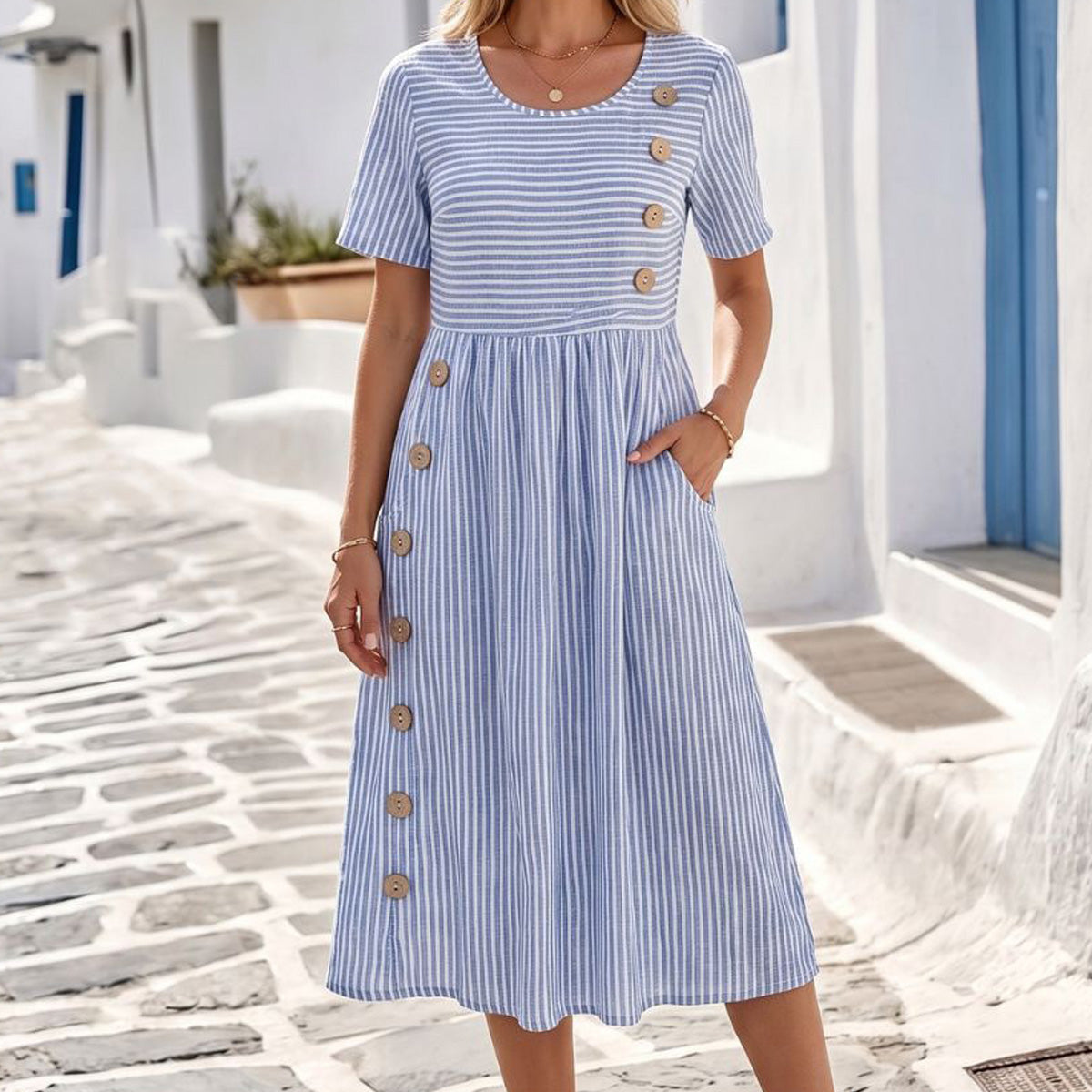 Women's Striped Linen Look Midi Dress with Pockets - Short Sleeve Summer Day Sundress