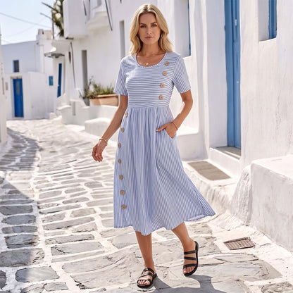 Women's Striped Linen Look Midi Dress with Pockets - Short Sleeve Summer Day Sundress