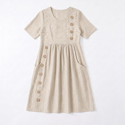 Women's Striped Linen Look Midi Dress with Pockets - Short Sleeve Summer Day Sundress