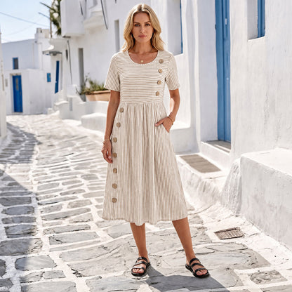 Women's Striped Linen Look Midi Dress with Pockets - Short Sleeve Summer Day Sundress