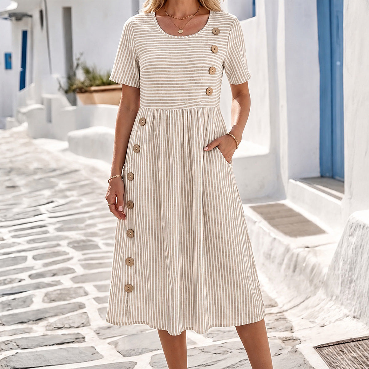 Women's Striped Linen Look Midi Dress with Pockets - Short Sleeve Summer Day Sundress