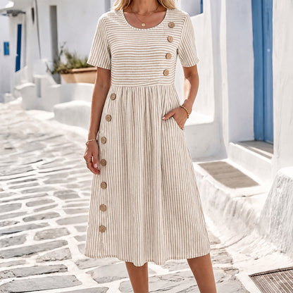 Women's Striped Linen Look Midi Dress with Pockets - Short Sleeve Summer Day Sundress