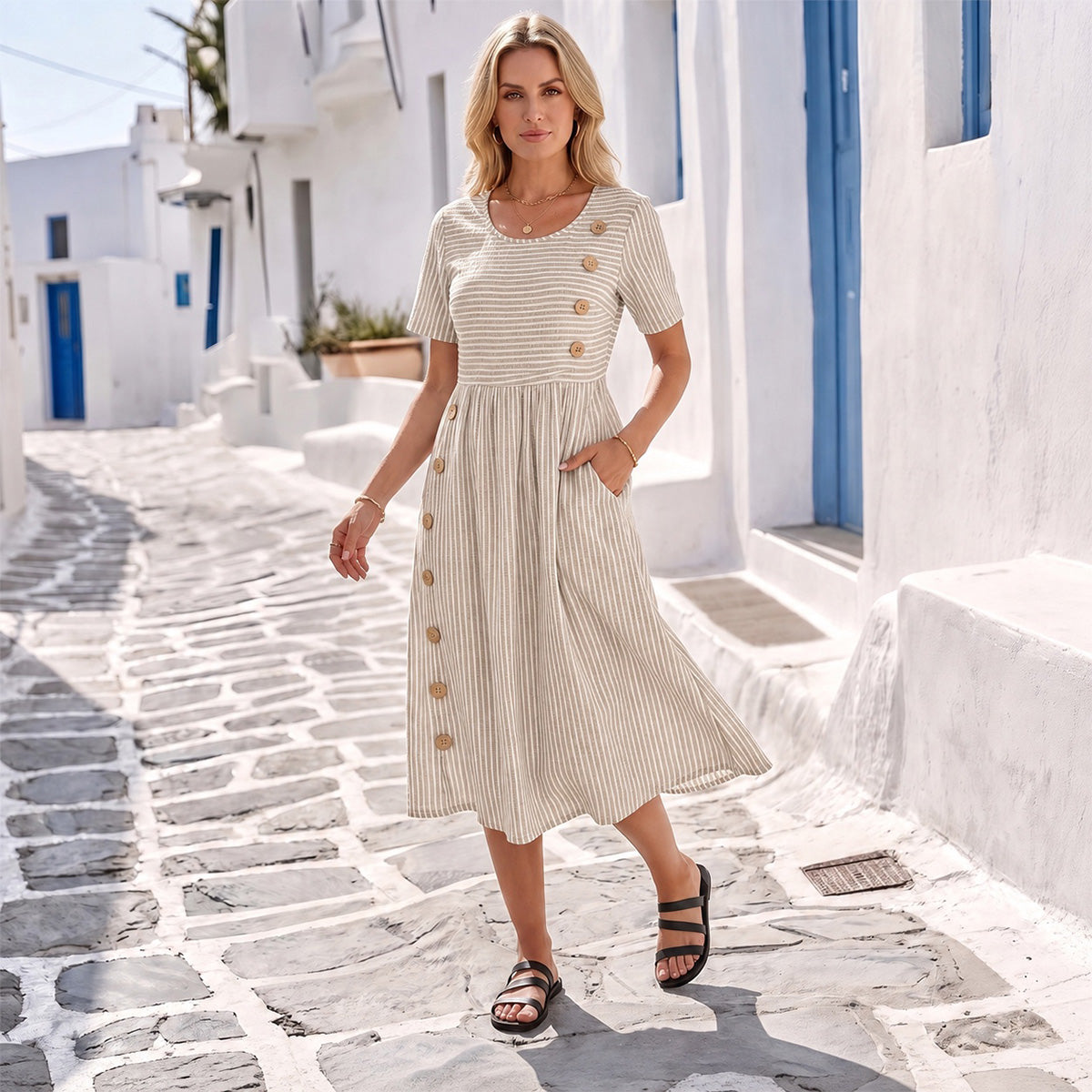 Women's Striped Linen Look Midi Dress with Pockets - Short Sleeve Summer Day Sundress