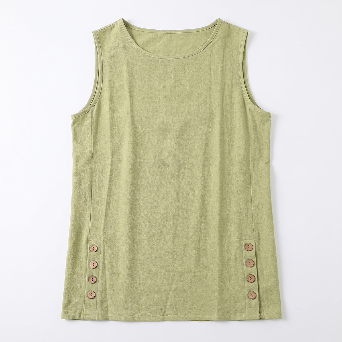 Women's Linen Look Crew Neck Tank Top - Sleeveless Summer Tops Side Button Detail Loose Casual Vest