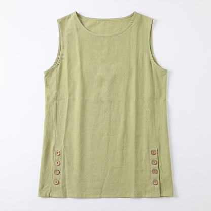 Women's Linen Look Crew Neck Tank Top - Sleeveless Summer Tops Side Button Detail Loose Casual Vest