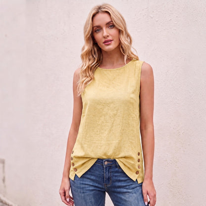 Women's Linen Look Crew Neck Tank Top - Sleeveless Summer Tops Side Button Detail Loose Casual Vest
