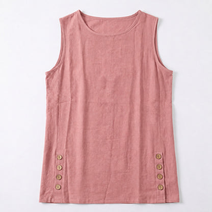 Women's Linen Look Crew Neck Tank Top - Sleeveless Summer Tops Side Button Detail Loose Casual Vest