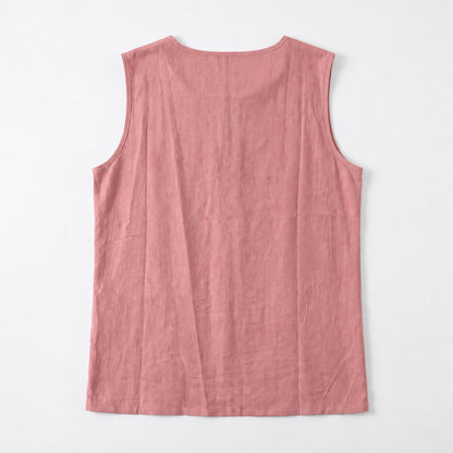 Women's Linen Look Crew Neck Tank Top - Sleeveless Summer Tops Side Button Detail Loose Casual Vest