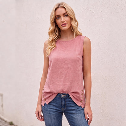 Women's Linen Look Crew Neck Tank Top - Sleeveless Summer Tops Side Button Detail Loose Casual Vest