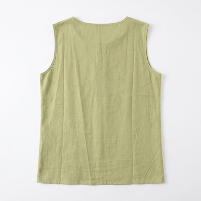 Women's Linen Look Crew Neck Tank Top - Sleeveless Summer Tops Side Button Detail Loose Casual Vest