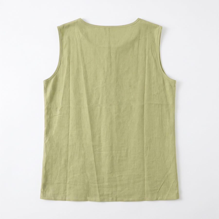 Light green women's linen-look crew-neck tank top with side button detail