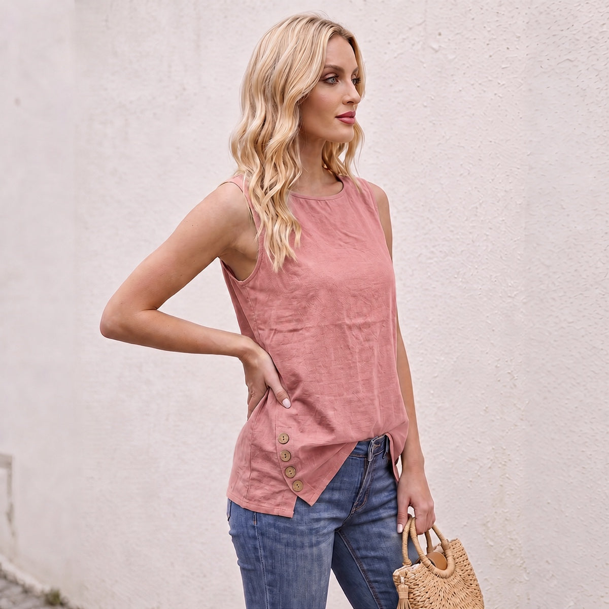 Women's Linen Look Crew Neck Tank Top - Sleeveless Summer Tops Side Button Detail Loose Casual Vest