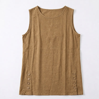 Women's Linen Look Crew Neck Tank Top - Sleeveless Summer Tops Side Button Detail Loose Casual Vest