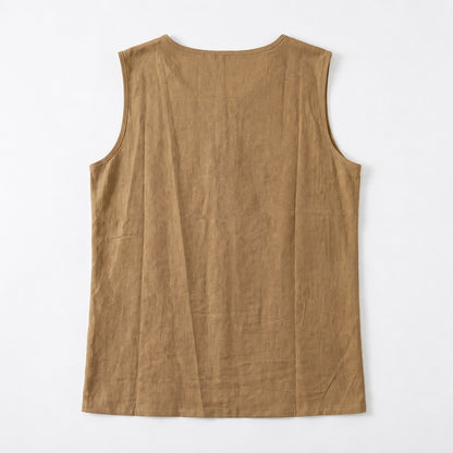 Women's Linen Look Crew Neck Tank Top - Sleeveless Summer Tops Side Button Detail Loose Casual Vest