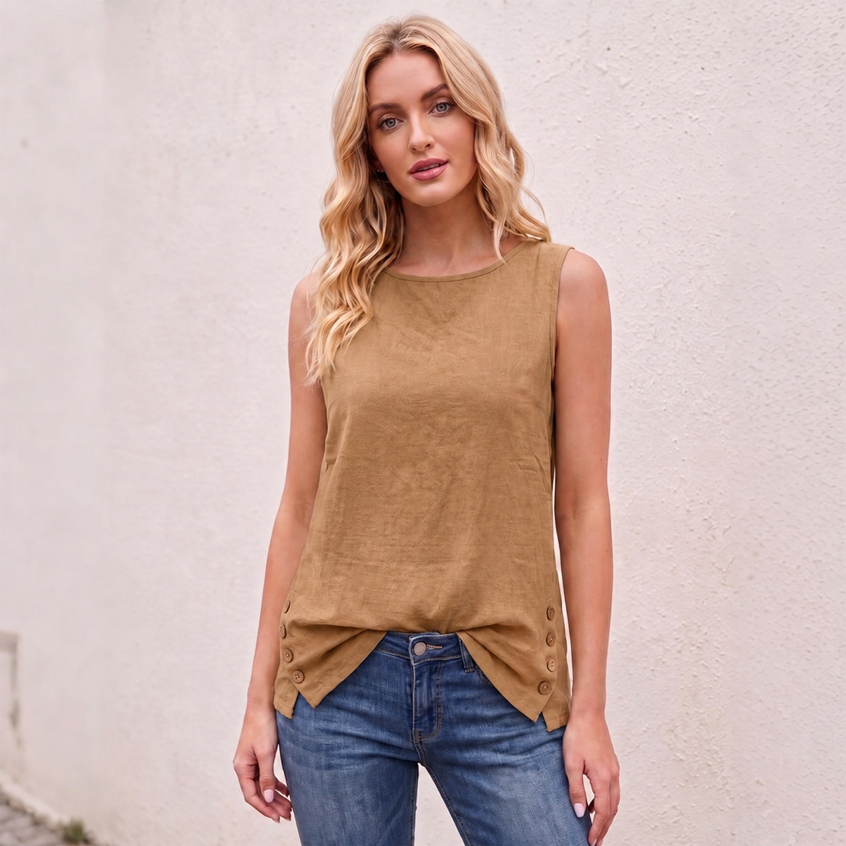 Women's Linen Look Crew Neck Tank Top - Sleeveless Summer Tops Side Button Detail Loose Casual Vest