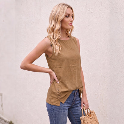 Women's Linen Look Crew Neck Tank Top - Sleeveless Summer Tops Side Button Detail Loose Casual Vest