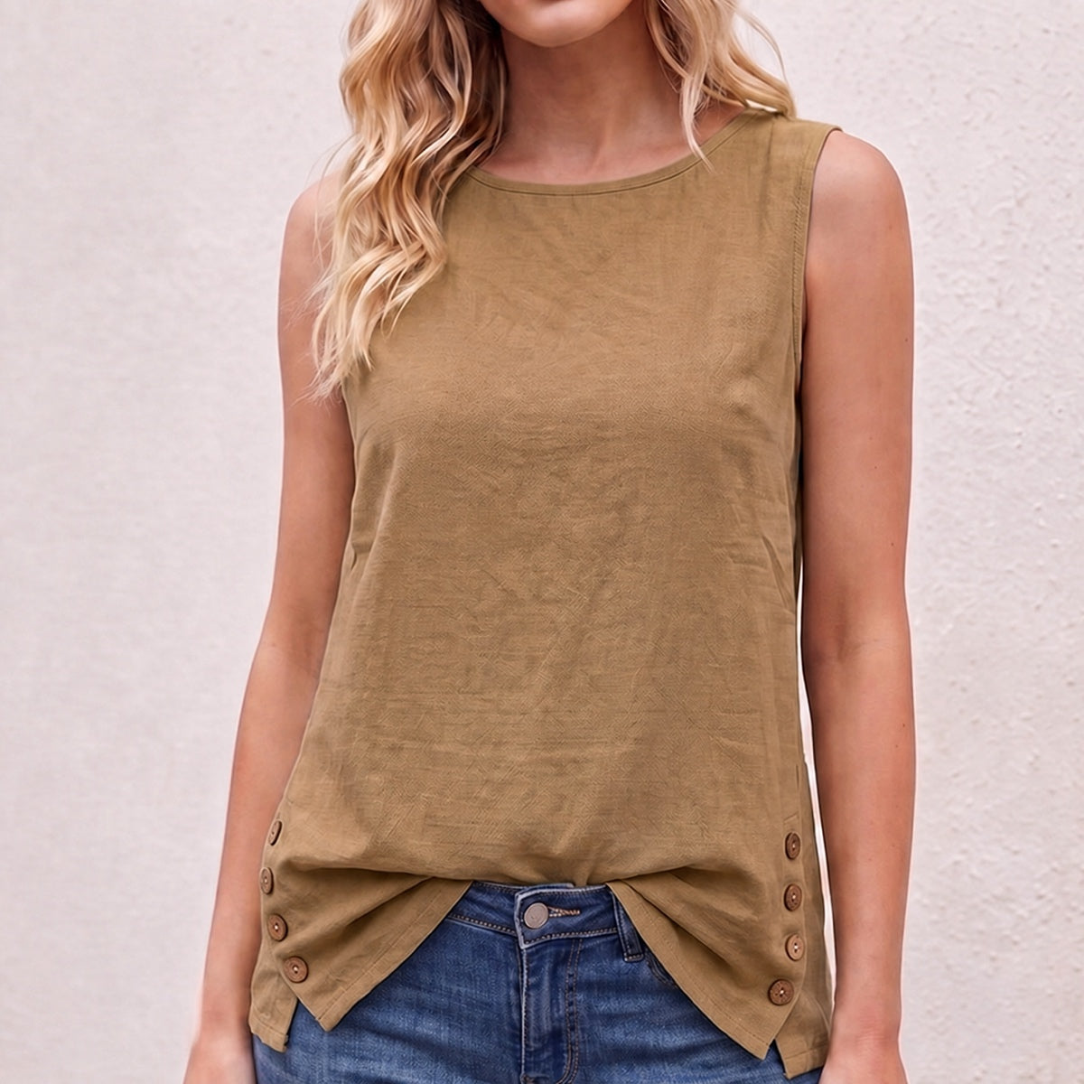 Women's Linen Look Crew Neck Tank Top - Sleeveless Summer Tops Side Button Detail Loose Casual Vest