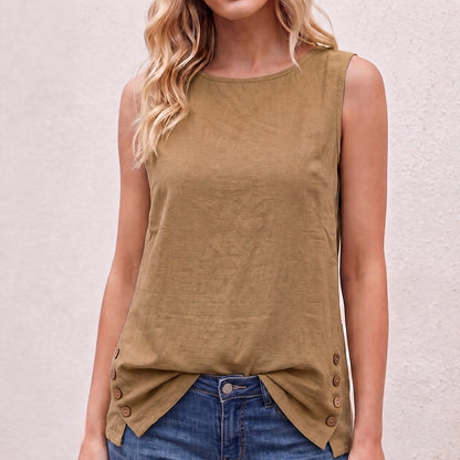 Women's Linen Look Crew Neck Tank Top - Sleeveless Summer Tops Side Button Detail Loose Casual Vest