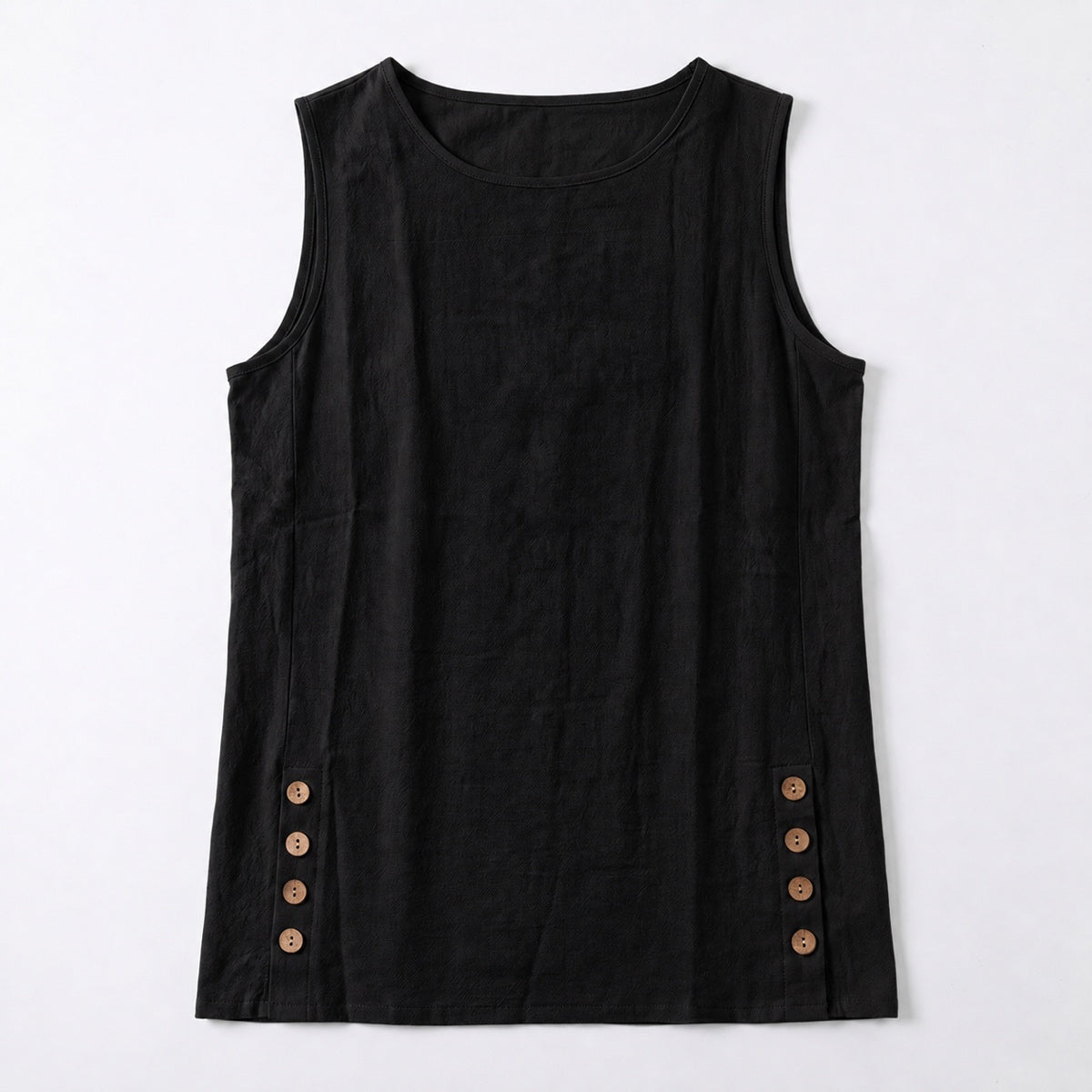 Women's Linen Look Crew Neck Tank Top - Sleeveless Summer Tops Side Button Detail Loose Casual Vest