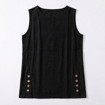 Women's Linen Look Crew Neck Tank Top - Sleeveless Summer Tops Side Button Detail Loose Casual Vest