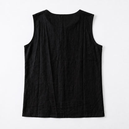 Women's Linen Look Crew Neck Tank Top - Sleeveless Summer Tops Side Button Detail Loose Casual Vest