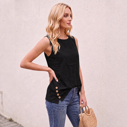 Women's Linen Look Crew Neck Tank Top - Sleeveless Summer Tops Side Button Detail Loose Casual Vest