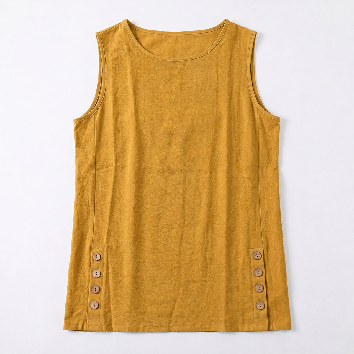Women's Linen Look Crew Neck Tank Top - Sleeveless Summer Tops Side Button Detail Loose Casual Vest