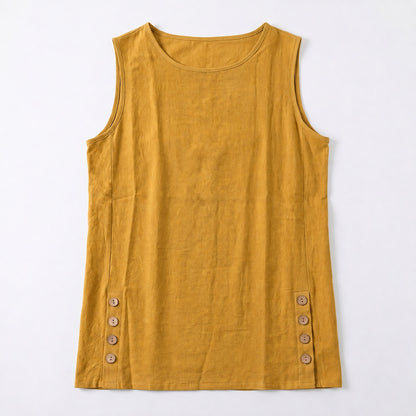 Women's Linen Look Crew Neck Tank Top - Sleeveless Summer Tops Side Button Detail Loose Casual Vest