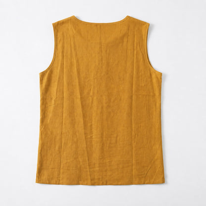 Women's Linen Look Crew Neck Tank Top - Sleeveless Summer Tops Side Button Detail Loose Casual Vest