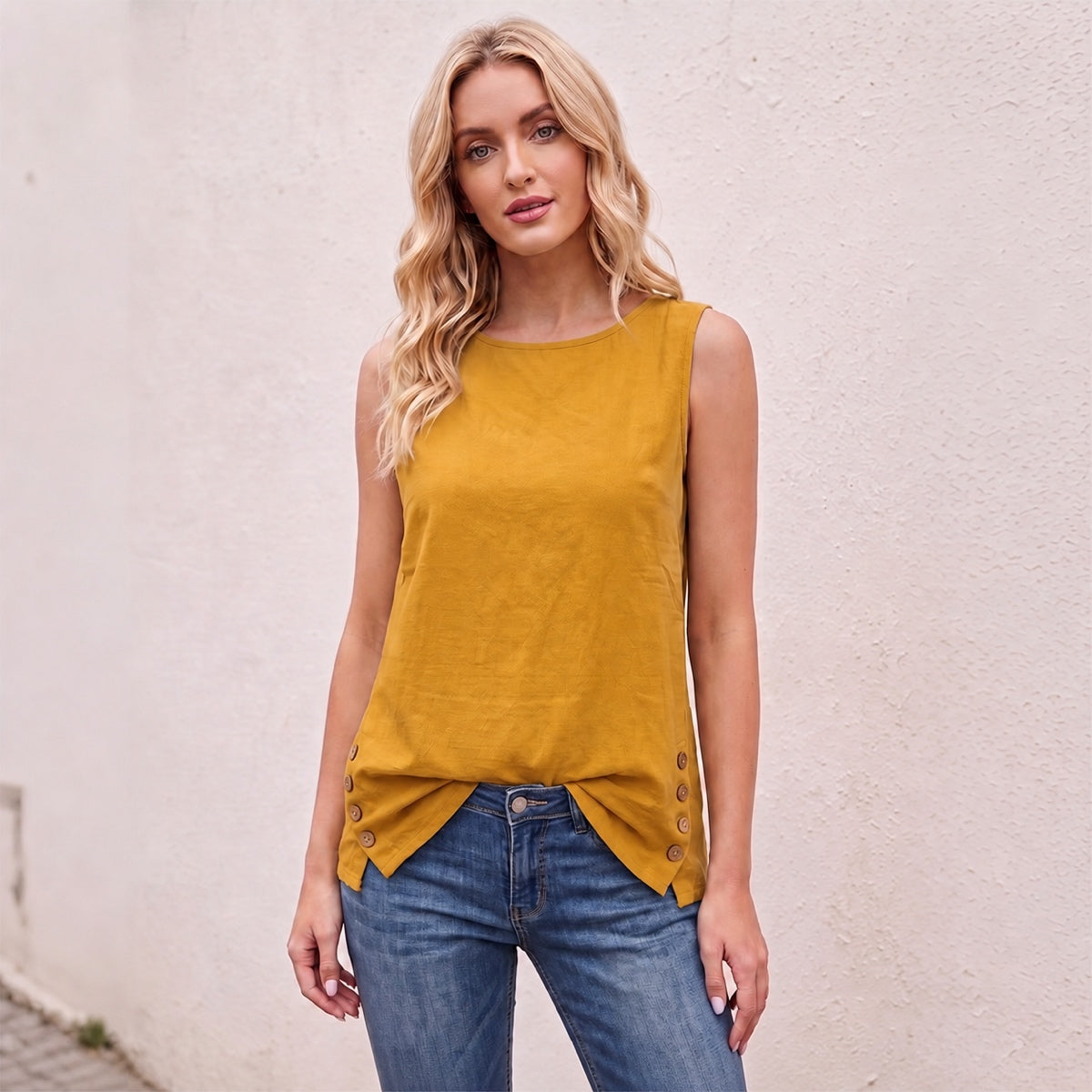 Women's Linen Look Crew Neck Tank Top - Sleeveless Summer Tops Side Button Detail Loose Casual Vest