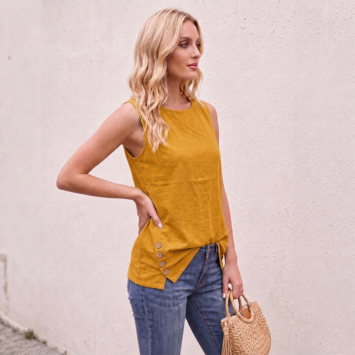 Women's Linen Look Crew Neck Tank Top - Sleeveless Summer Tops Side Button Detail Loose Casual Vest